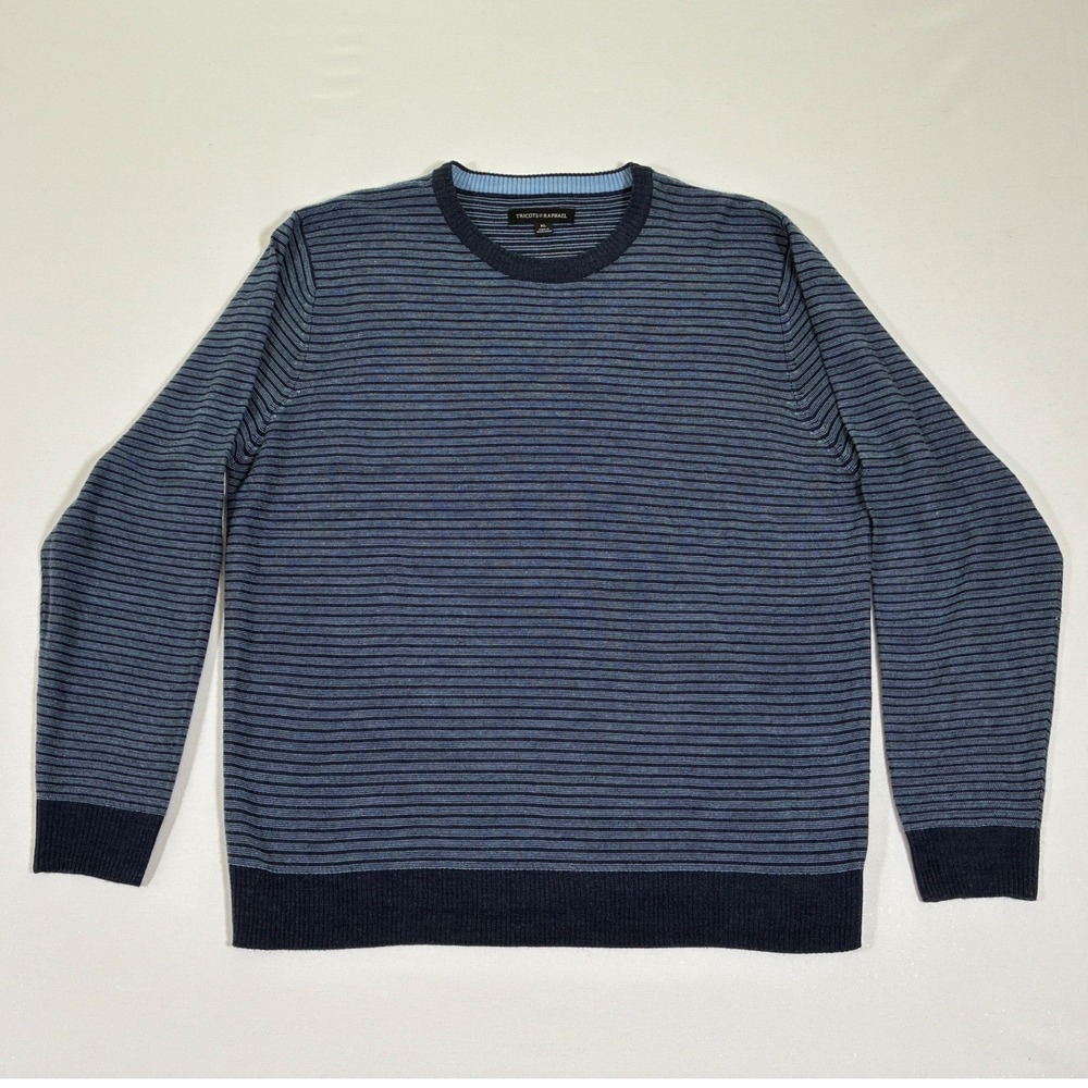 Tricots St Raphael Mens XL Blue Striped Crew Neck Acrylic Pullover Sweater